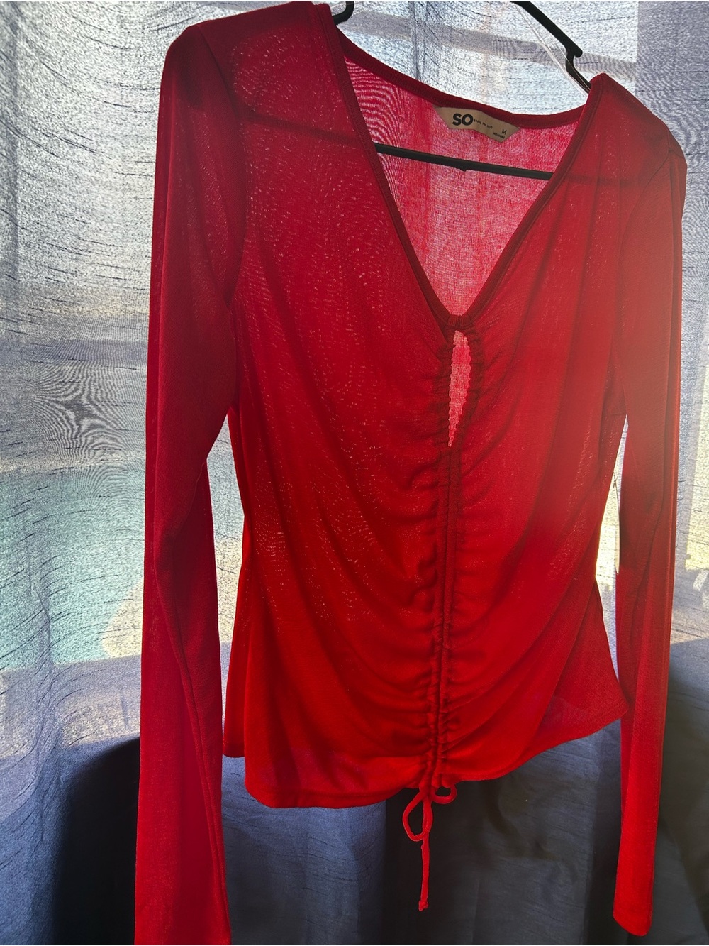 SO Red Long-Sleeve V-Neck Ruched Tie-Front Top